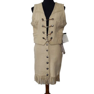 Pioneer Wear Vintage NOS Cream Leather Button Down Front Fringed A-Line Skirt‎